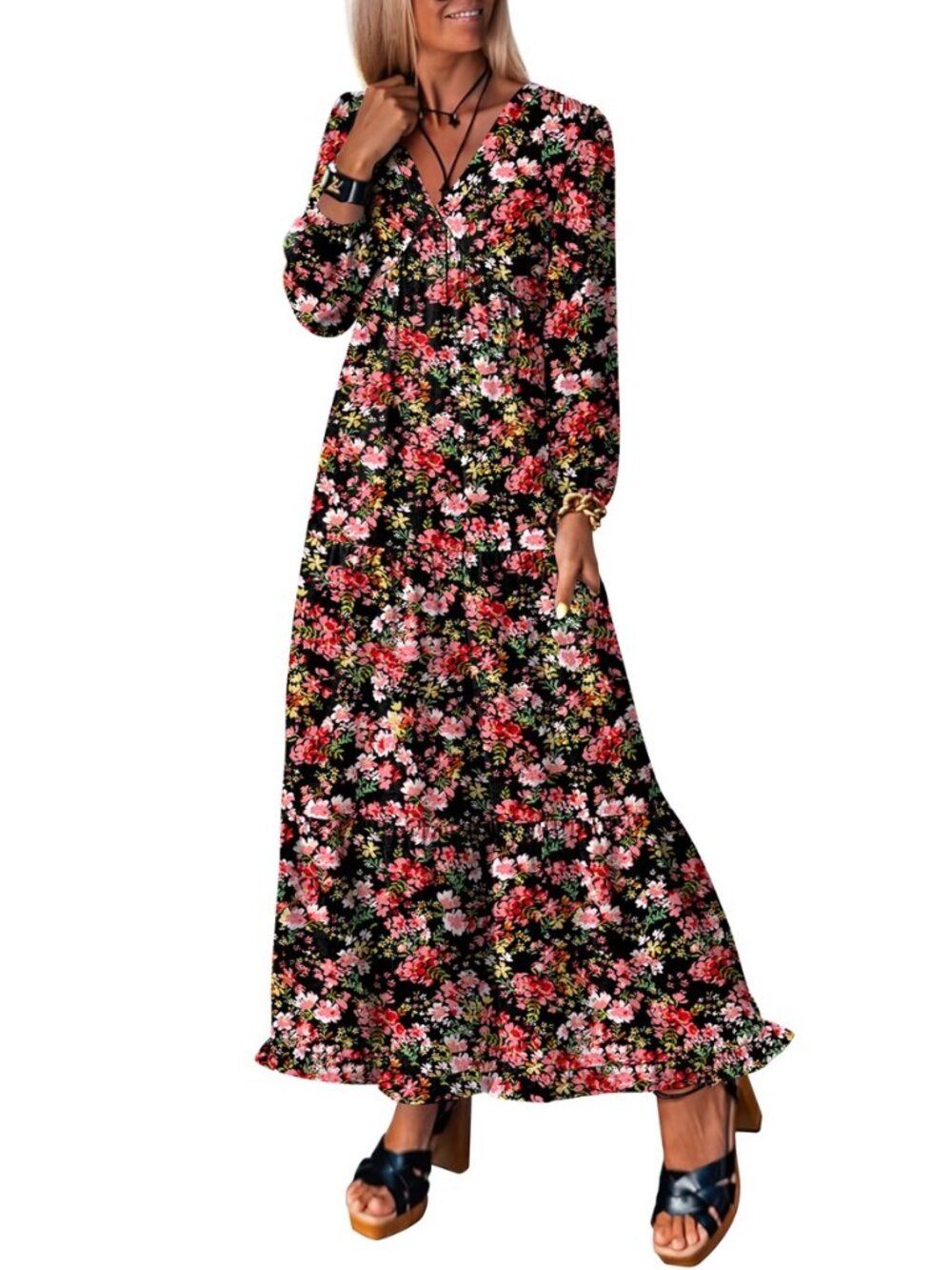 Womens Long Sleeve Boho Maxi Dress 2026 Fall V Neck Floral Striped Casual Loose